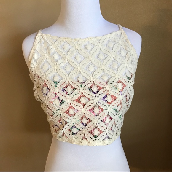 Free People Lace Halter Crop Top with Tie in Back - Picture 2 of 8